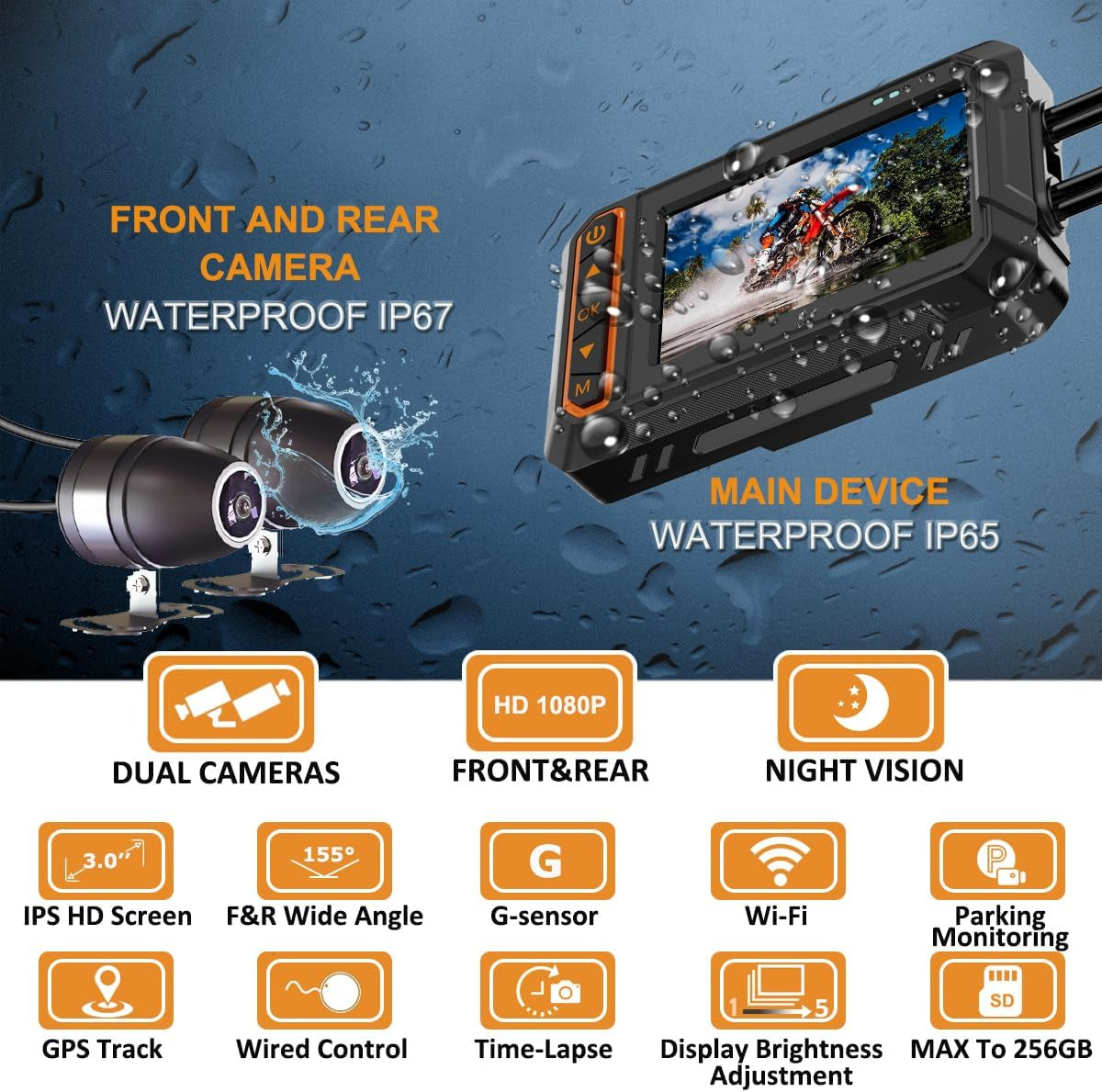 Motorcycle Dash Cam, 3'' LCD Waterproof Motorcycle Front and Rear 1080P Camera Wide Angle 155° with Wi-Fi, GPS, Wired Control, G-Sensor, Max up to 256GB