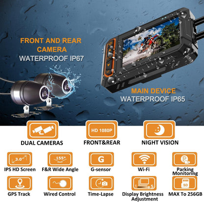 Motorcycle Dash Cam, 3'' LCD Waterproof Motorcycle Front and Rear 1080P Camera Wide Angle 155° with Wi-Fi, GPS, Wired Control, G-Sensor, Max up to 256GB