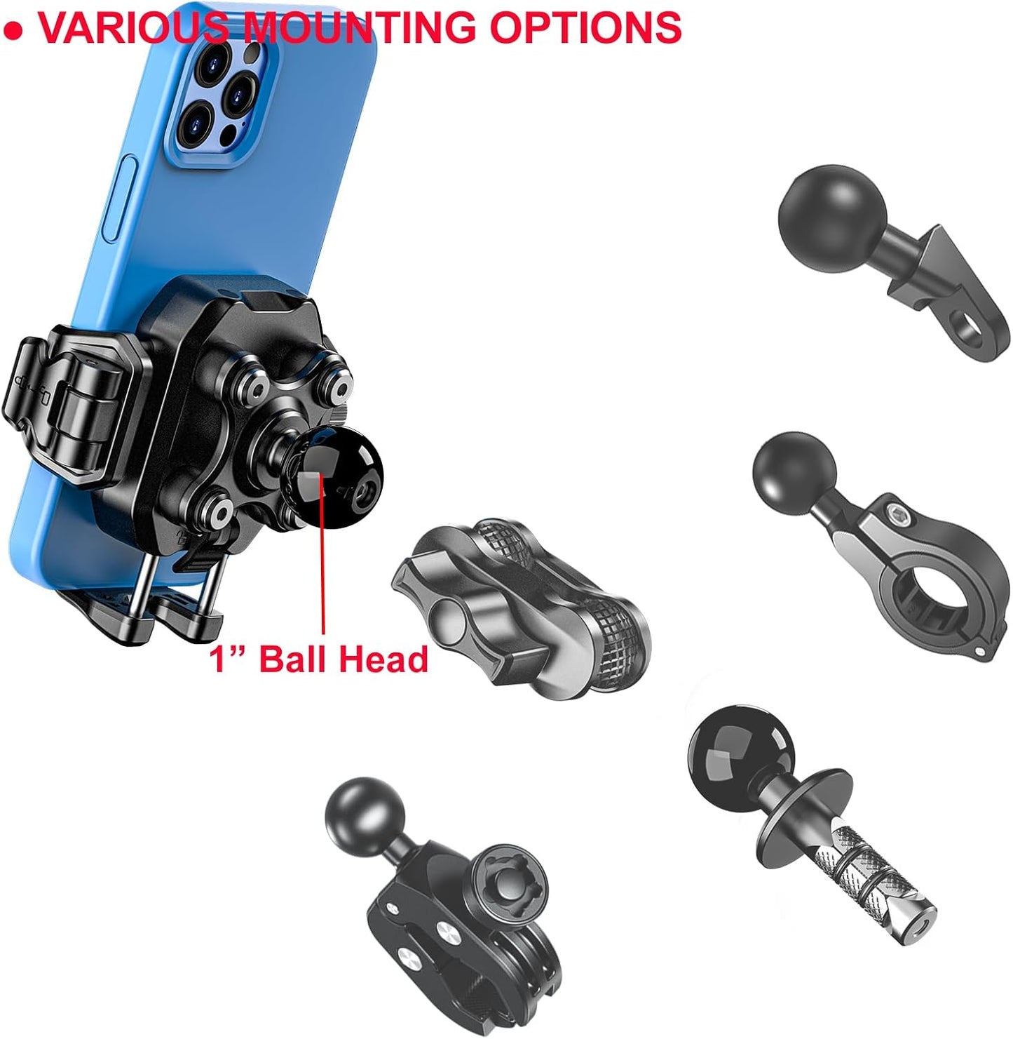 Anti-Vibration Motorcycle Phone Mount, 1" Ball Phone Mount Suitable for 5.2"-7.2" up to 15Mm Thick Phones, Fits for RAM B Size/Imesotu/Other 1" Double Socker Arms