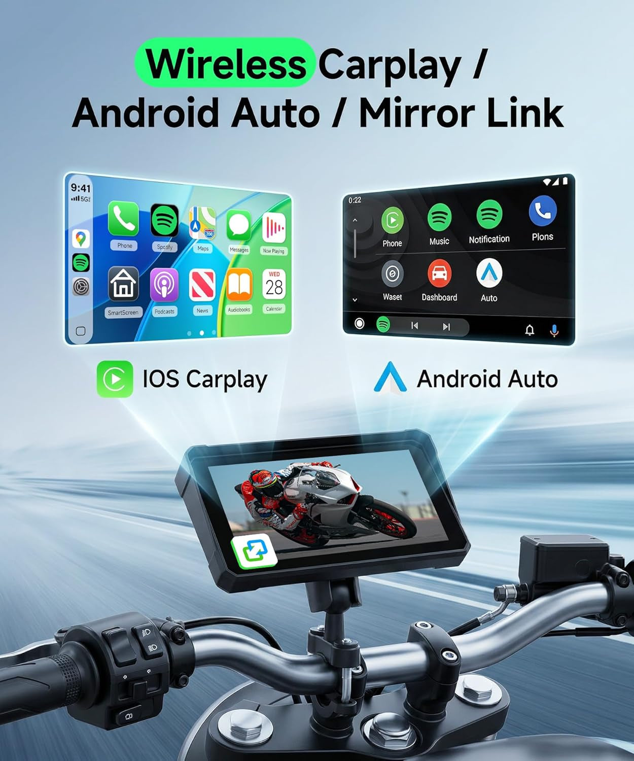 6" Motorcycle Wirelsss Carplay Screen, Portable Touchscreen Motorcycle GPS Navigation System Car Play Moto Android Auto, Dual Bluetooth, IP68 Waterproof Moto Screen, Goo-Gle Assistant, Si-Ri