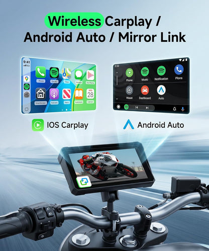 6" Motorcycle Wirelsss Carplay Screen, Portable Touchscreen Motorcycle GPS Navigation System Car Play Moto Android Auto, Dual Bluetooth, IP68 Waterproof Moto Screen, Goo-Gle Assistant, Si-Ri