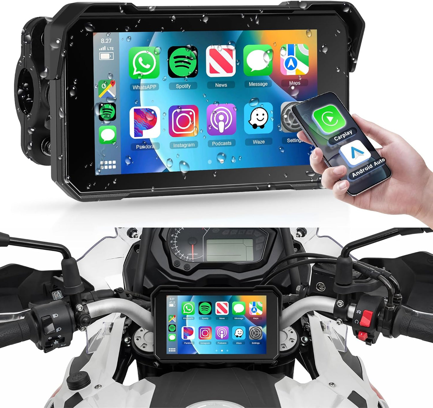 Motorcycle Carplay Screen 5 Inch Portable Wireless Carplay Android Auto for Motorbike Waterproof Touchscreen, Supports GPS Navigation, Bluetooth, IP68 Waterproof for Motorbike