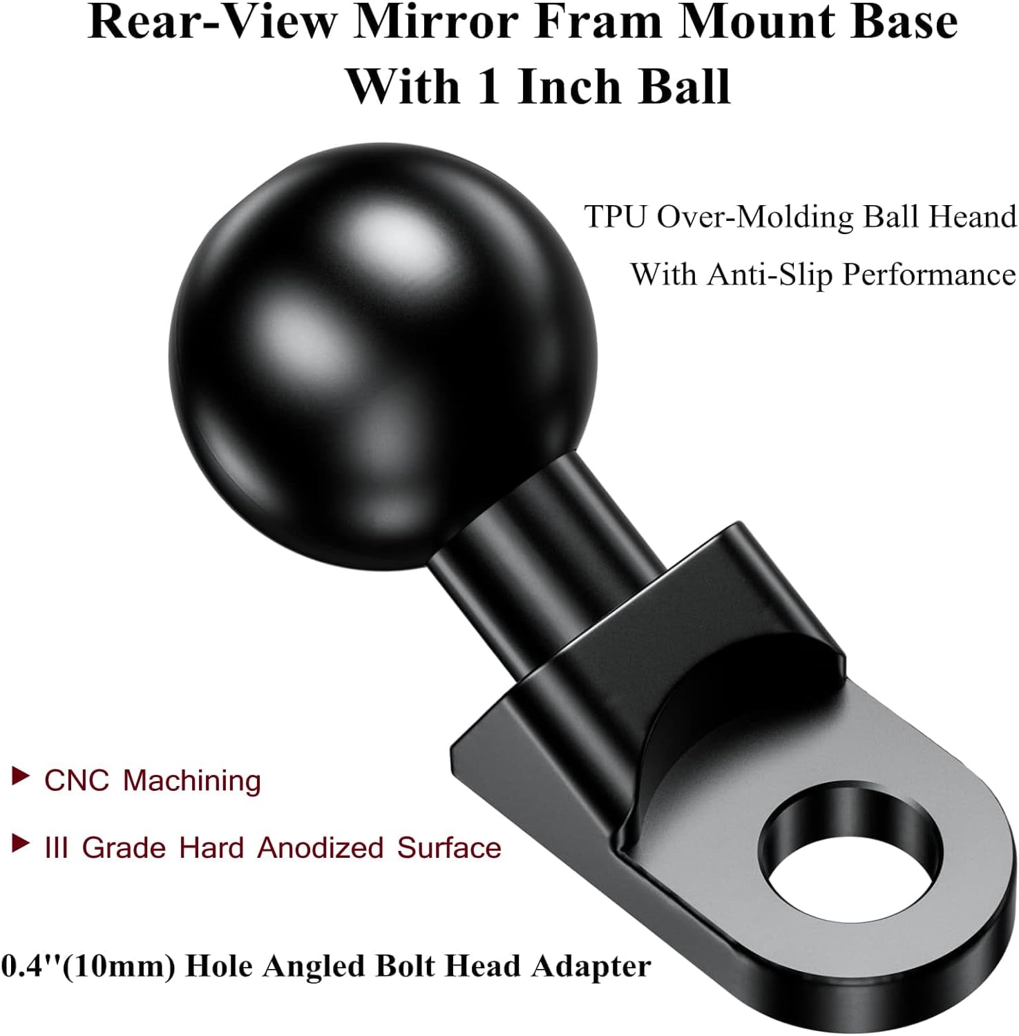 Aluminum Alloy Mount Base with 1'' TPU Ball & 10Mm Mounting Hole | Angled Bolt Head Adapter Ball Base Compatible with RAM Mounts B Size Double Socket Arm