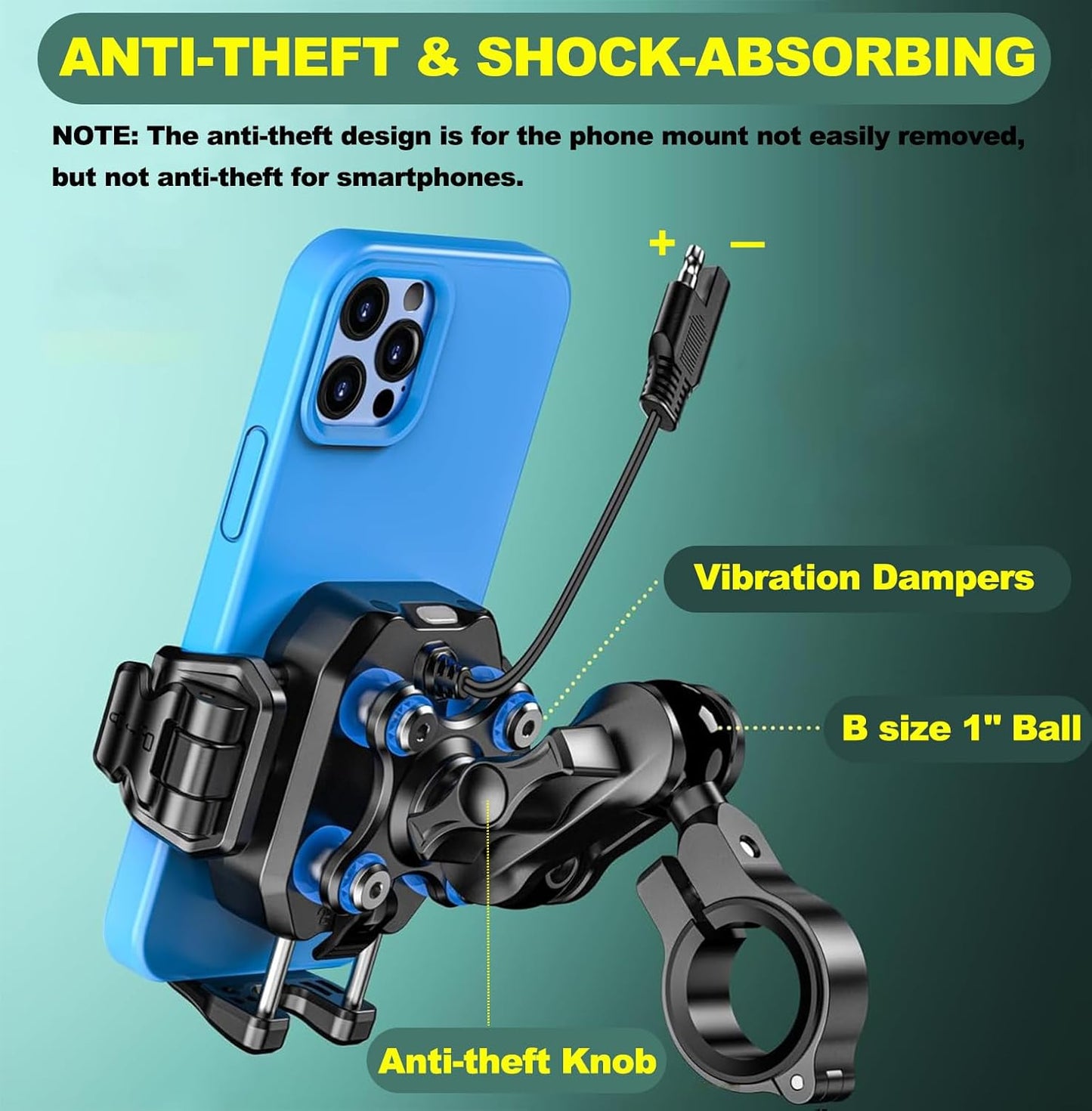 Motorcycle Wireless USB C Phone Mount Anti-Vibration, Anti-Theft 1" Ball Qi Phone Mount Suitable for 5.2"-7.2" up to 15Mm Thick Phones, Fits for 22-32Mm Handlebars, Works with 12-24V Vehicles
