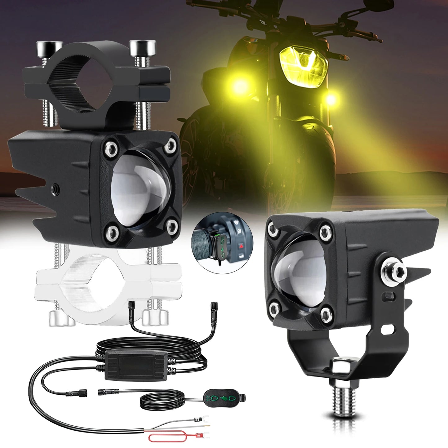 Motorcycle LED Driving Fog Lights 120W 18000LM 6 Lighting Modes LED Auxiliary Lights with Wiring Harness Kit and Mounting Bracke