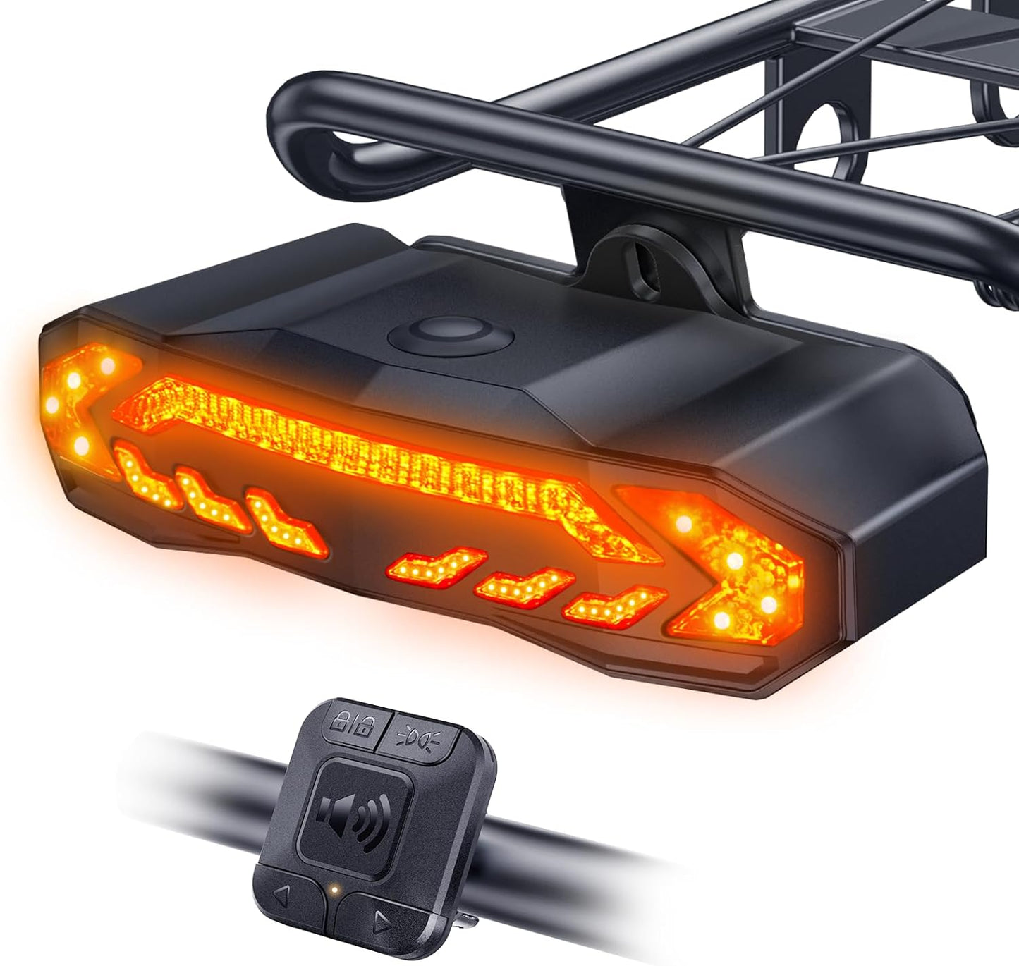 Smart Bike Tail Light with Turn Signals, Rechargeable Bicycle Horn Bike Alarm with Remote, Auto-Sensing Bike Turn Signals Light Alarm