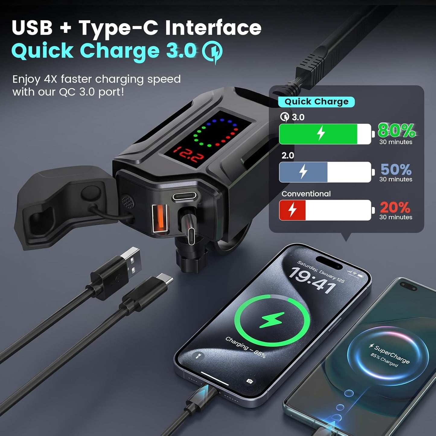 Motorcycle Phone Charger, 3 in 1 Motorcycle USB Charger Fast Charging Port with USB-C & USB-A,12–24V Waterproof LED Voltmeter, Motorcycle Accessories Adapter for GPS Motorbike ATV