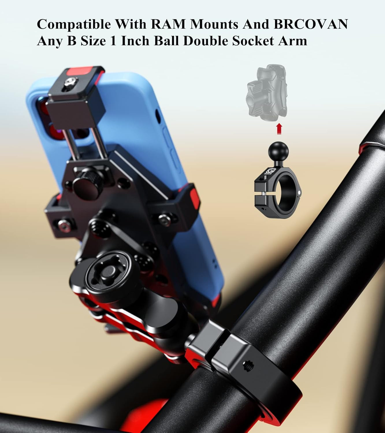 2PCS, Aluminum Alloy Large Bar Clamp Mount with 1'' TPU Ball | Fit 1.5'' / 1.65'' / 1.75'' / 1.85'' / 2'' round Rails & ATV UTV Roll Cages, for RAM Mounts B Size 1'' Ball Double Socket Arm
