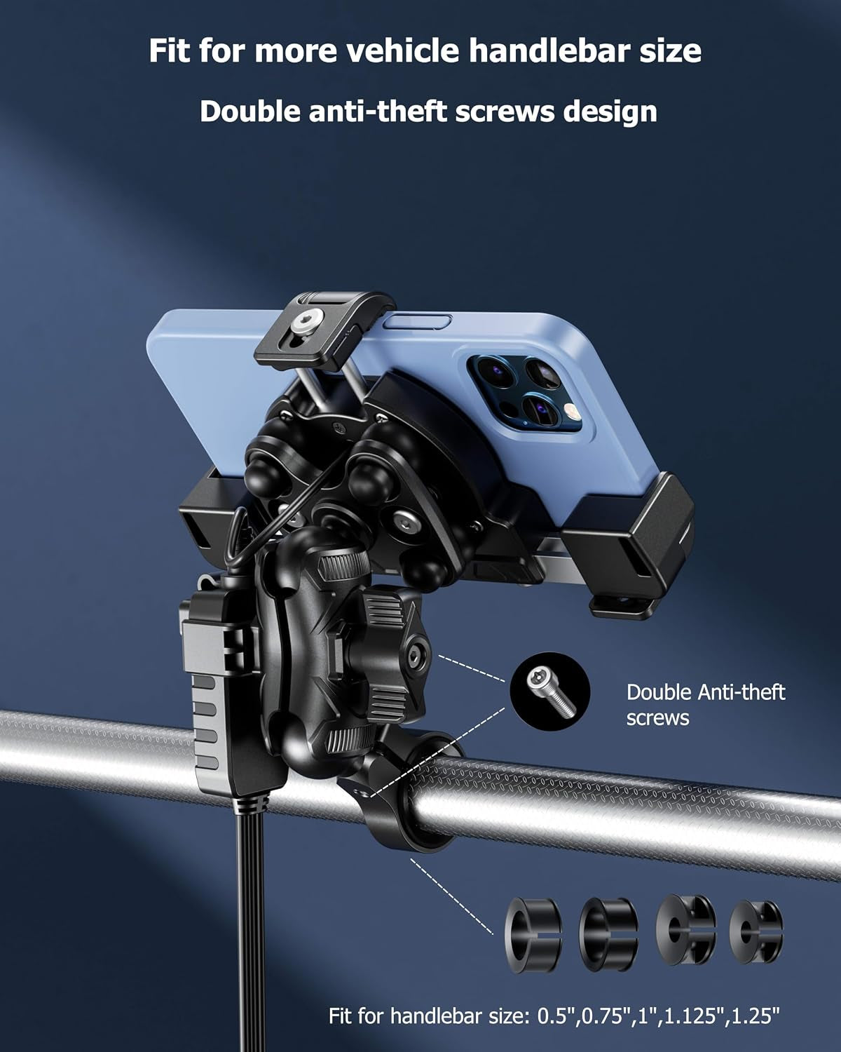 Motorcycle Phone Mount with Qi 15W Wireless Charger & USB C 36W Fast Charging Port, No Block Camera, Anti-Theft Phone Holder Handblebar with Vibration Dampener Fit for 5.4-7.2" Phones