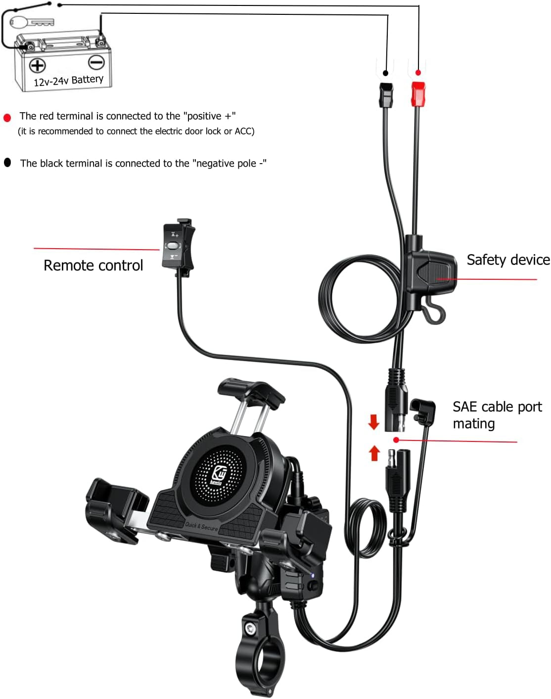 Motorcycle Phone Mount with Qi 15W Wireless Charger & USB C 36W Fast Charging Port, No Block Camera, Anti-Theft Phone Holder Handblebar with Vibration Dampener Fit for 5.4-7.2" Phones