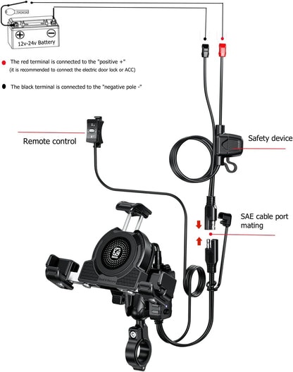 Motorcycle Phone Mount with Qi 15W Wireless Charger & USB C 36W Fast Charging Port, No Block Camera, Anti-Theft Phone Holder Handblebar with Vibration Dampener Fit for 5.4-7.2" Phones