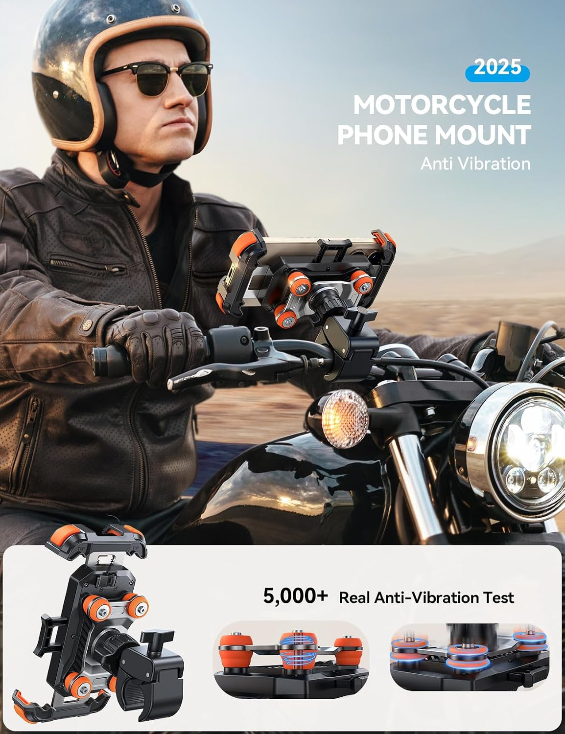 Motorcycle Phone Mount Holder - [Dual Vibration Dampener] 150Mph Anti-Shock Phone Holder for Motorcycle [Upgrade Metal Handlebar Clamp] - Bike Phone Holder Mount for 4.7-7" Phones Orange