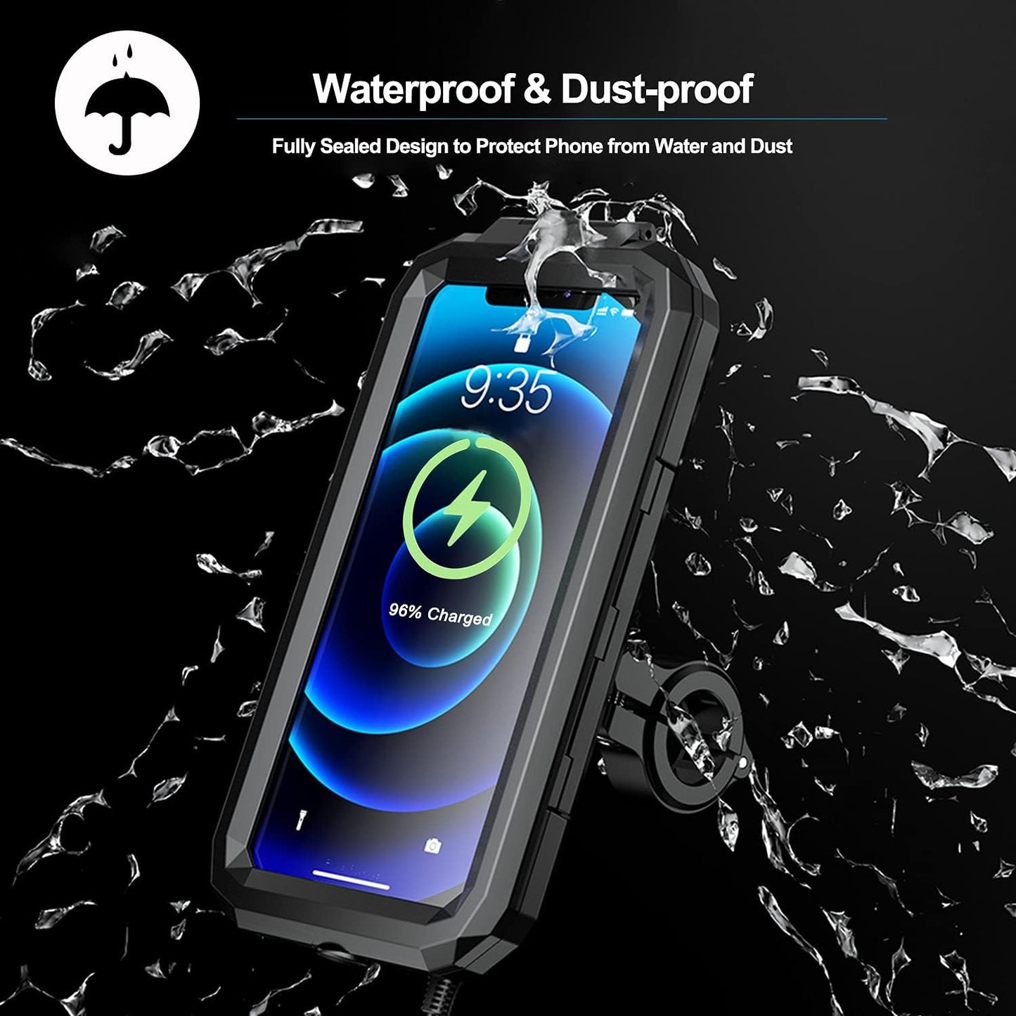 Waterproof IP67 Motorcycle Phone Mount Wireless/Usb C Charger Handlebar Cellphone Holder Quick Charge for 5.5"-6.8" Phones, Work by Wiring to 12/24V Motorcycles or Plugging to USB a Sockets