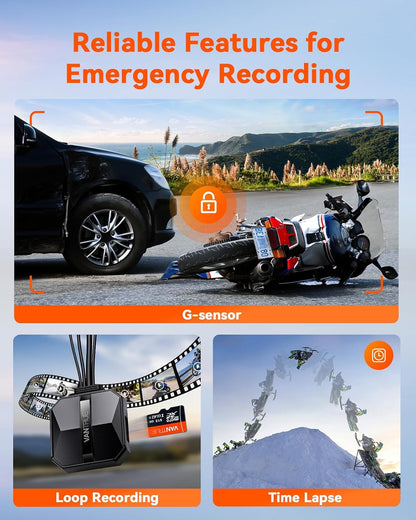 F1 Motorcycle 4K Dash Cam Front and Rear, 4K + 1080P Motorcycle Camera, Full Body IP67 Waterproof, GPS Wi-Fi, 160° Wide Angle, Wired Remote, Night Vision, G-Sensor, Parking Mode, Support 512GB