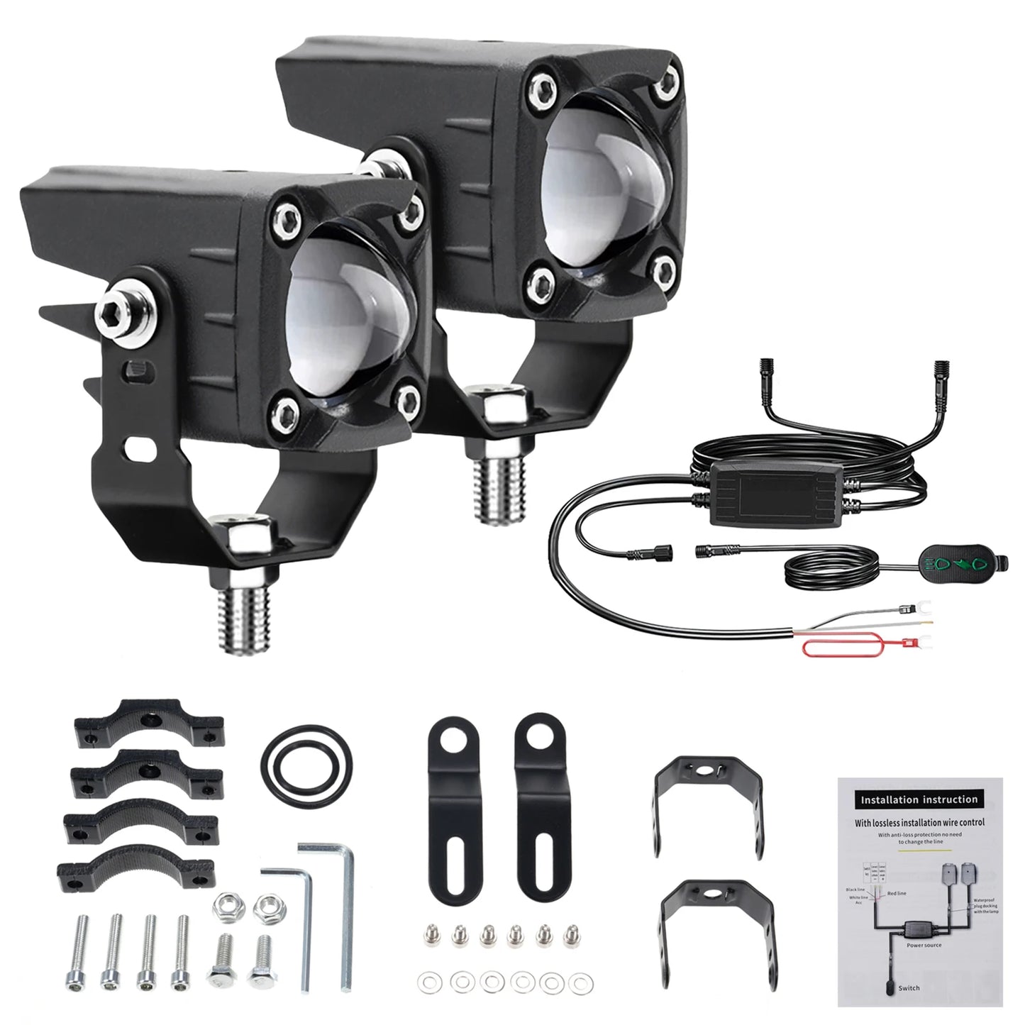 Motorcycle LED Driving Fog Lights 120W 18000LM 6 Lighting Modes LED Auxiliary Lights with Wiring Harness Kit and Mounting Bracke