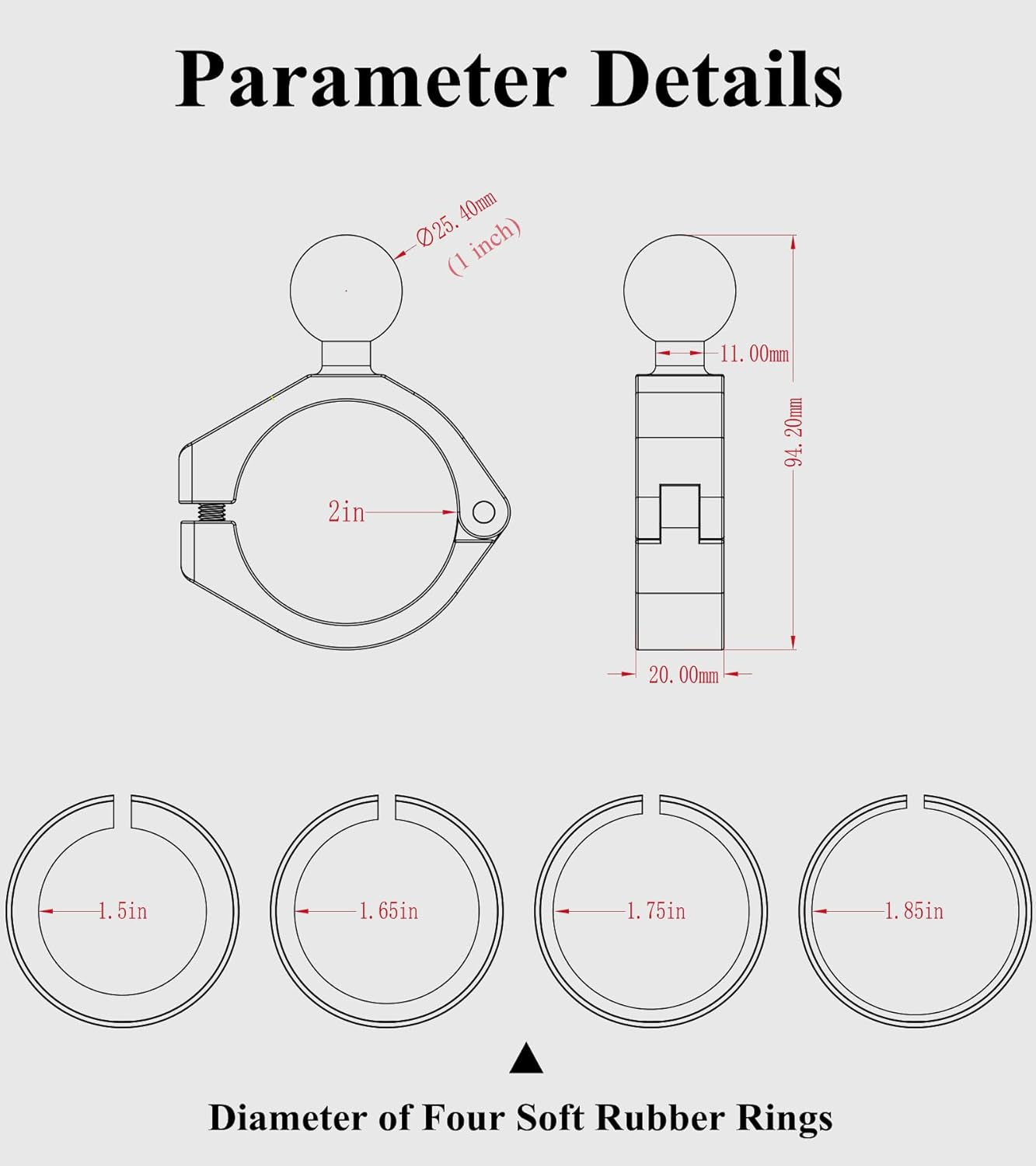 2PCS, Aluminum Alloy Large Bar Clamp Mount with 1'' TPU Ball | Fit 1.5'' / 1.65'' / 1.75'' / 1.85'' / 2'' round Rails & ATV UTV Roll Cages, for RAM Mounts B Size 1'' Ball Double Socket Arm
