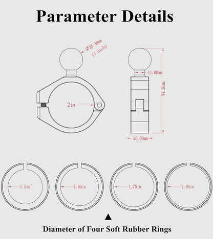 2PCS, Aluminum Alloy Large Bar Clamp Mount with 1'' TPU Ball | Fit 1.5'' / 1.65'' / 1.75'' / 1.85'' / 2'' round Rails & ATV UTV Roll Cages, for RAM Mounts B Size 1'' Ball Double Socket Arm