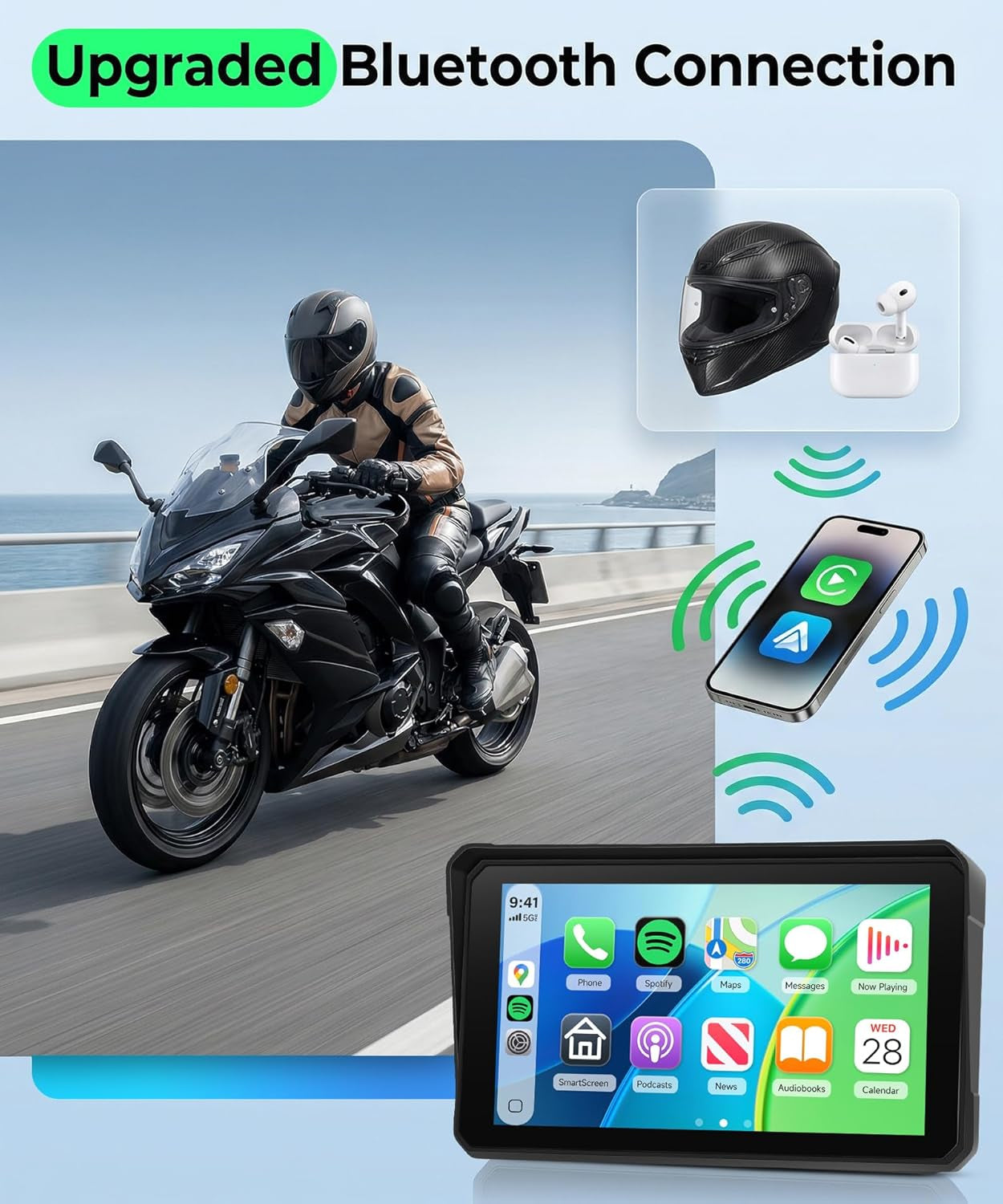 6" Motorcycle Wirelsss Carplay Screen, Portable Touchscreen Motorcycle GPS Navigation System Car Play Moto Android Auto, Dual Bluetooth, IP68 Waterproof Moto Screen, Goo-Gle Assistant, Si-Ri