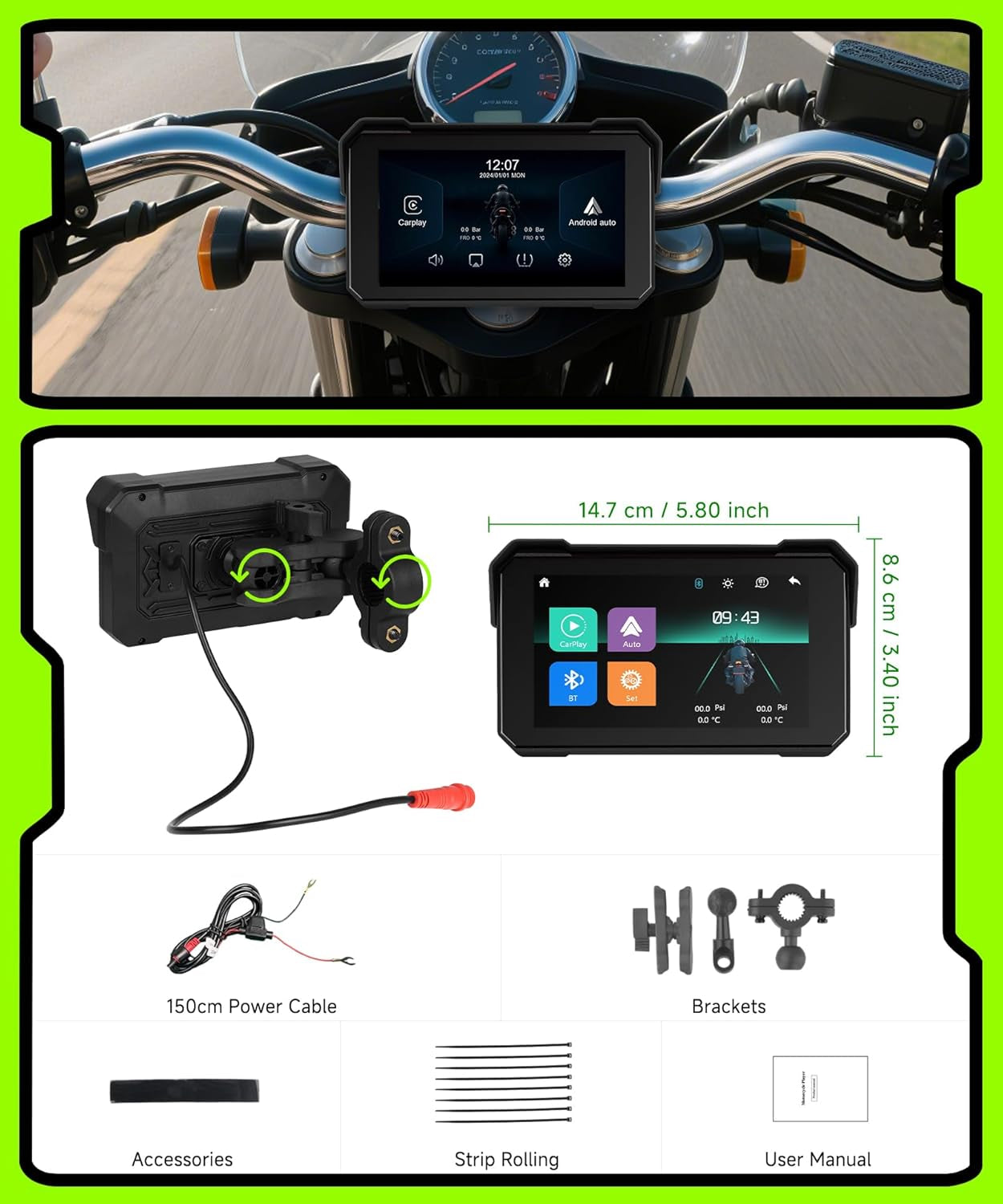 Motorcycle Carplay Screen 5 Inch Portable Wireless Carplay Android Auto for Motorbike Waterproof Touchscreen, Supports GPS Navigation, Bluetooth, IP68 Waterproof for Motorbike