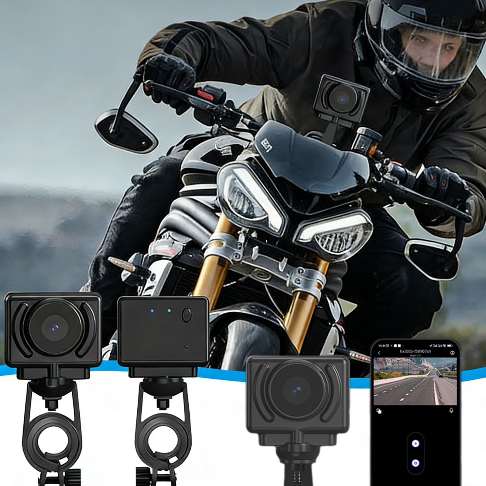 Wifi 2-In-1 Motorcycle Dash Cam & Action Camera 1080P with App, Loop Recording, 140° Wide Angle, Night Vision, Handlebar/Bike Mount