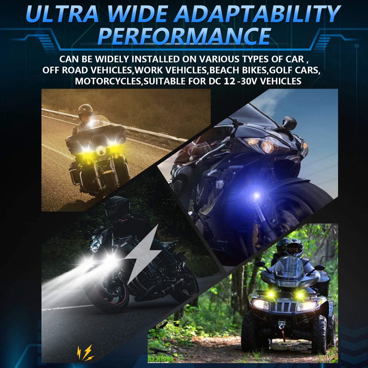 Motorcycle LED Driving Fog Lights 120W 18000LM 6 Lighting Modes LED Auxiliary Lights with Wiring Harness Kit and Mounting Bracke
