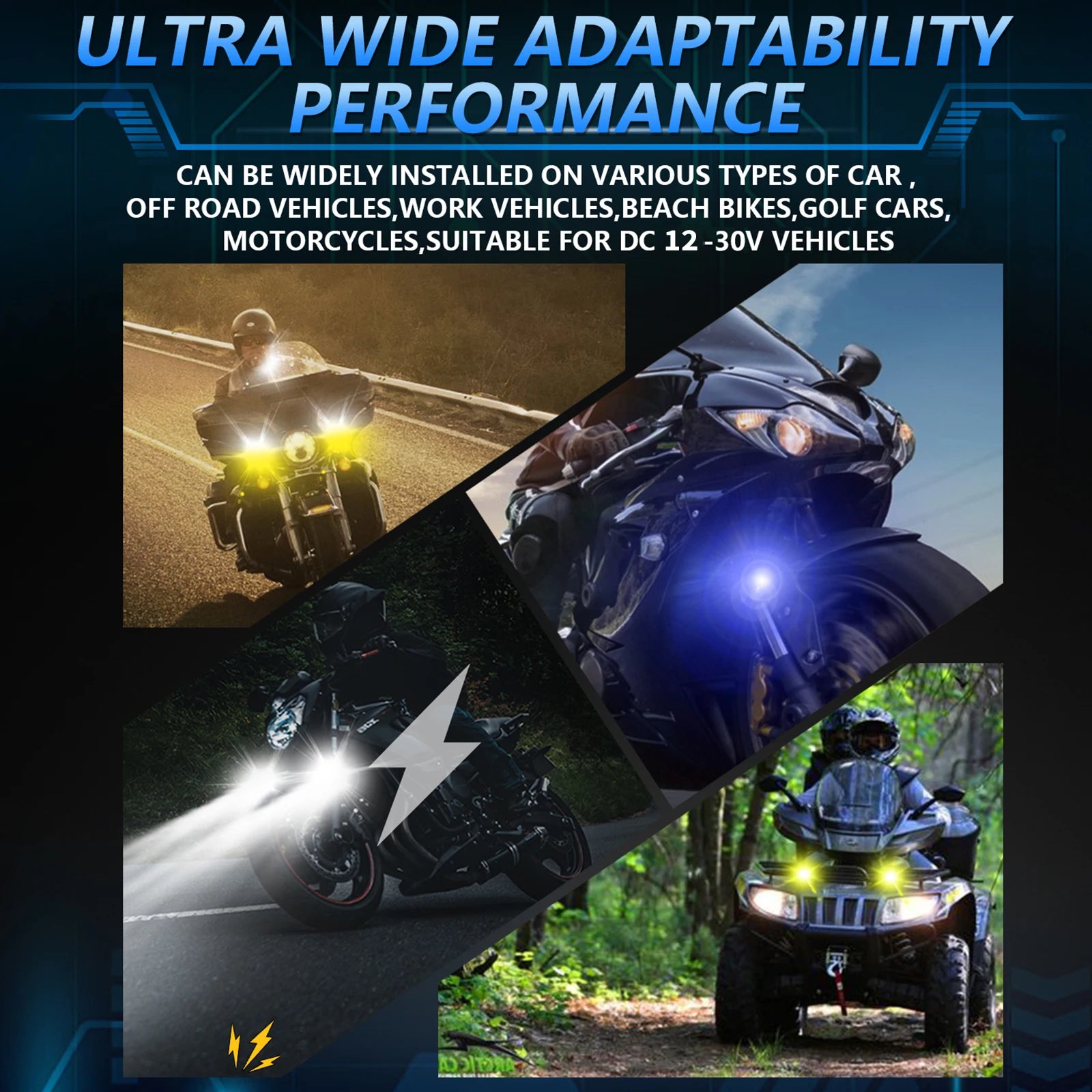 Motorcycle LED Driving Fog Lights 120W 18000LM 6 Lighting Modes LED Auxiliary Lights with Wiring Harness Kit and Mounting Bracke