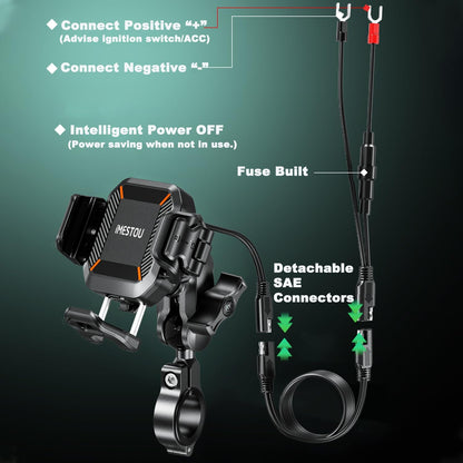 Motorcycle Wireless USB C Phone Mount Anti-Vibration, Anti-Theft 1" Ball Qi Phone Mount Suitable for 5.2"-7.2" up to 15Mm Thick Phones, Fits for 22-32Mm Handlebars, Works with 12-24V Vehicles