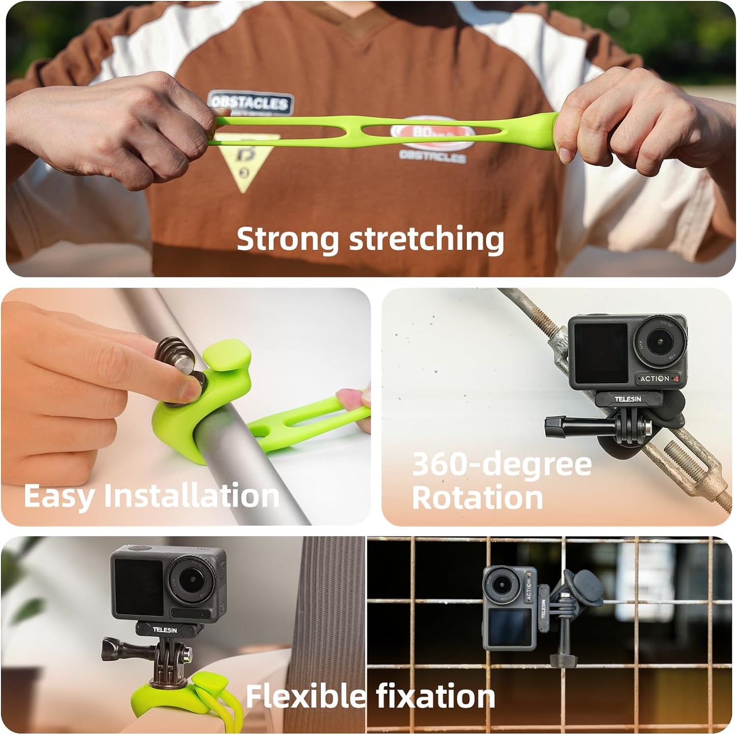Camera Flexible Mount 360 Strap Mount Wrap Band for DJI Action 6 5 Pro 4/3 Go Pro Mission 1 PRO Hero13/12 Akaso/Insta360 Bike Motorcycle Handlebar Roll Bar Tube Clip Holder Attach Accessories