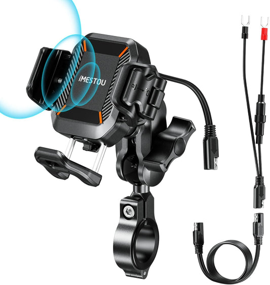 Motorcycle Wireless USB C Phone Mount Anti-Vibration, Anti-Theft 1" Ball Qi Phone Mount Suitable for 5.2"-7.2" up to 15Mm Thick Phones, Fits for 22-32Mm Handlebars, Works with 12-24V Vehicles