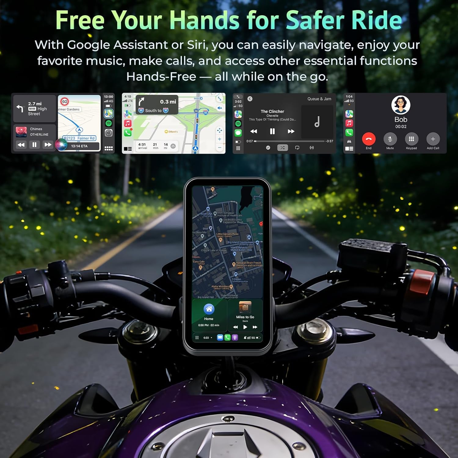 6.25 Inch Motorcycle Carplay & Android Auto Display with Two TPMS– IP67 Waterproof Portable Touchscreen with Dual Bluetooth, TF Card, GPS Navigation, Universal Mount