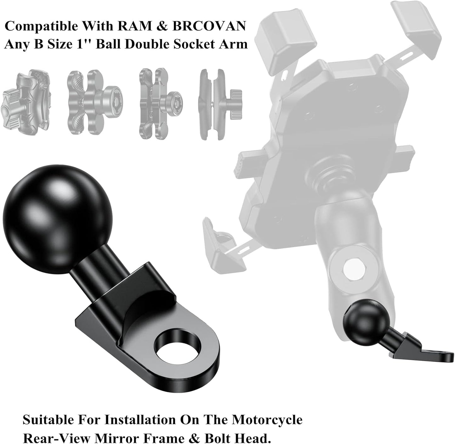 Aluminum Alloy Mount Base with 1'' TPU Ball & 10Mm Mounting Hole | Angled Bolt Head Adapter Ball Base Compatible with RAM Mounts B Size Double Socket Arm