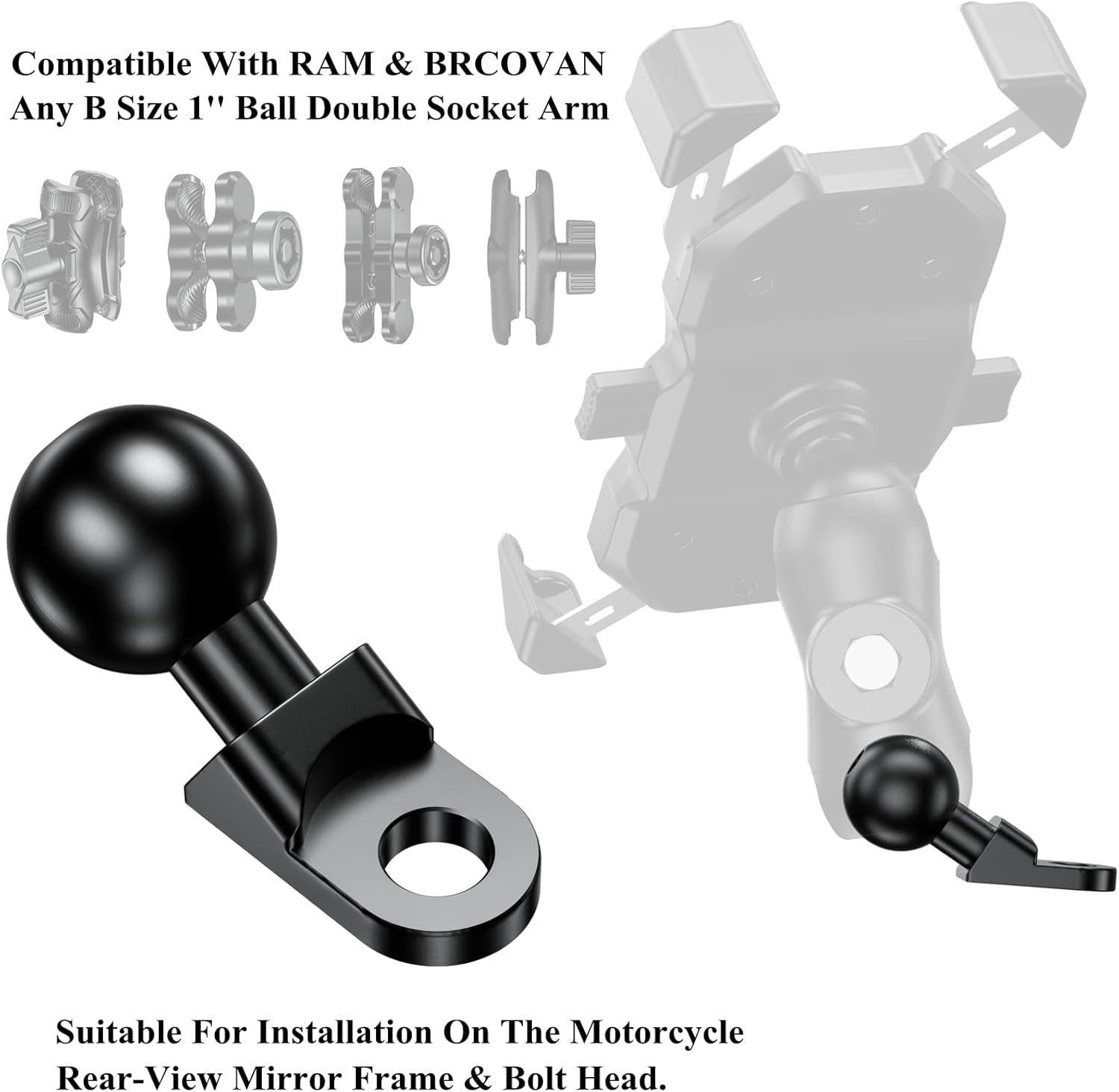 Aluminum Alloy Mount Base with 1'' TPU Ball & 10Mm Mounting Hole | Angled Bolt Head Adapter Ball Base Compatible with RAM Mounts B Size Double Socket Arm