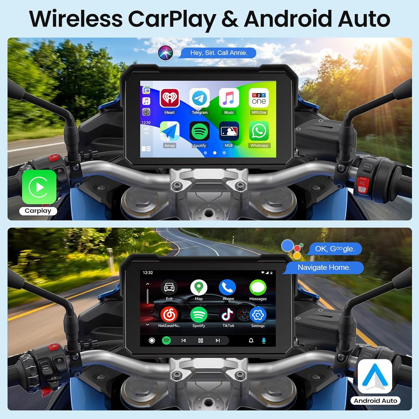 Motorcycle Carplay Screen with Wireless Apple Carplay Android Auto, IP68 Waterproof Touch Screen 5 Inch GPS Navigation Carplay Para Moto, Dual Bluetooth, Siri Google Voice Control