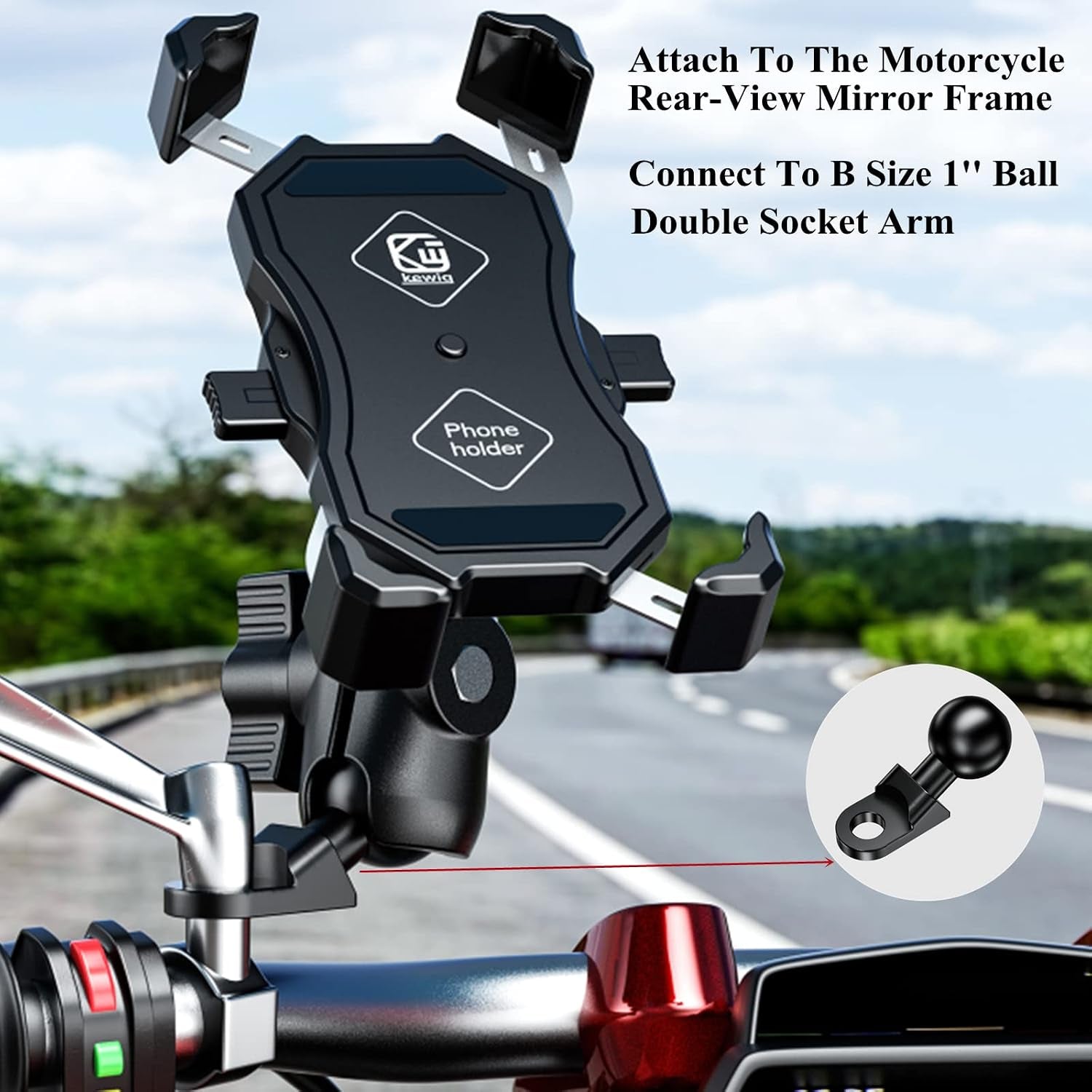 Aluminum Alloy Mount Base with 1'' TPU Ball & 10Mm Mounting Hole | Angled Bolt Head Adapter Ball Base Compatible with RAM Mounts B Size Double Socket Arm