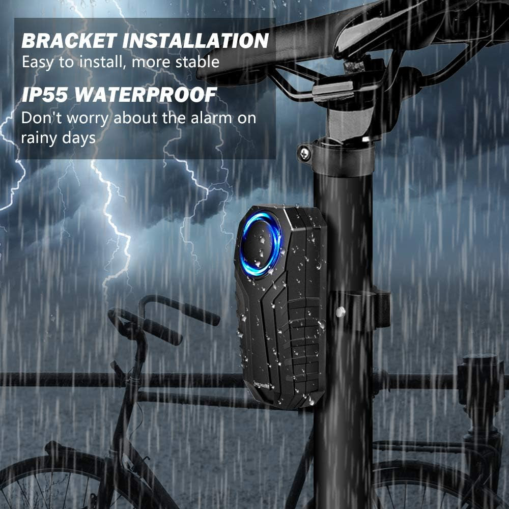 Anti-Theft Bike Alarm with Mount, 113Db Burglar Vibration Motorcycle Bicycle Alarm Security System Waterproof Cycle Bike Alarm with Remote
