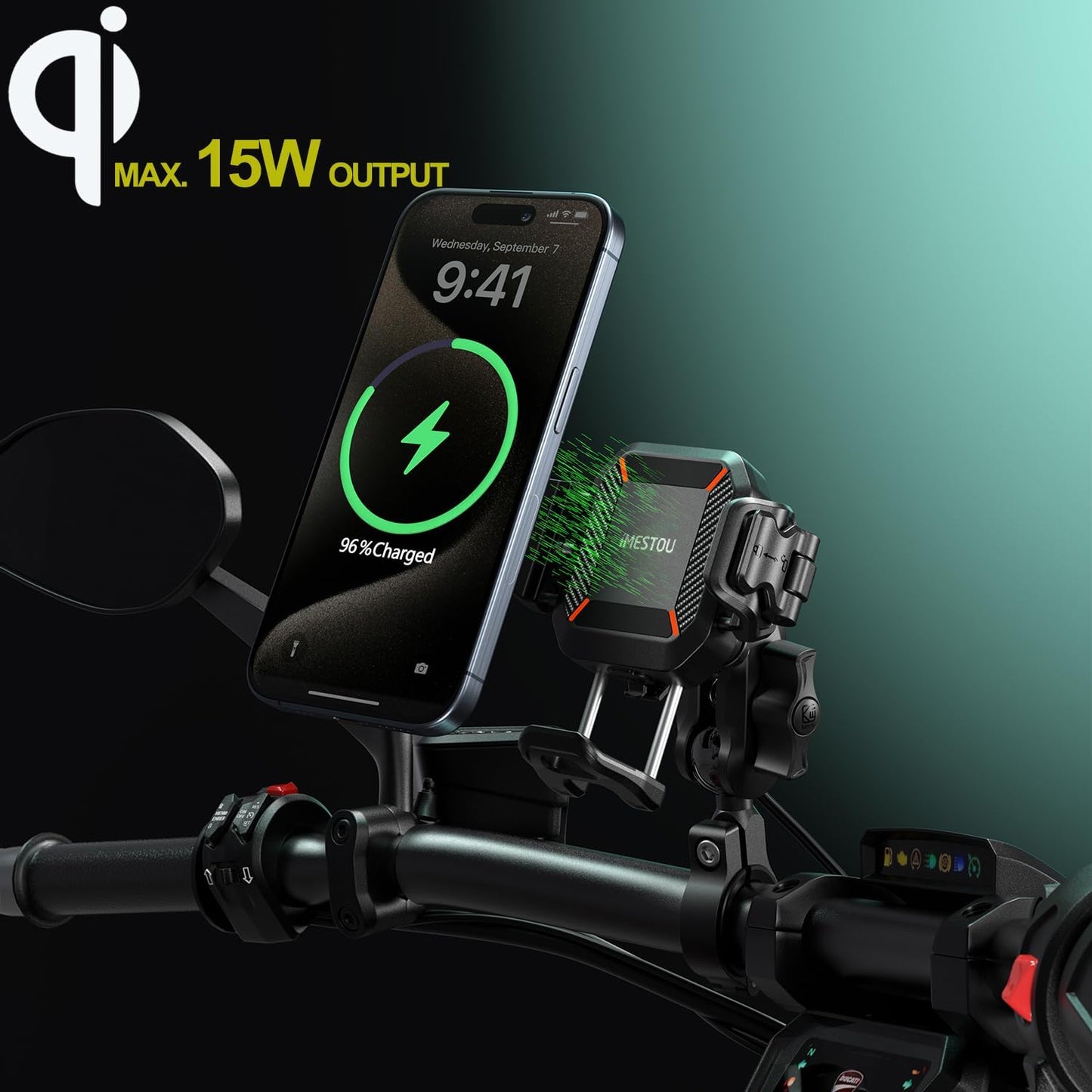 Motorcycle Wireless USB C Phone Mount Anti-Vibration, Anti-Theft 1" Ball Qi Phone Mount Suitable for 5.2"-7.2" up to 15Mm Thick Phones, Fits for 22-32Mm Handlebars, Works with 12-24V Vehicles