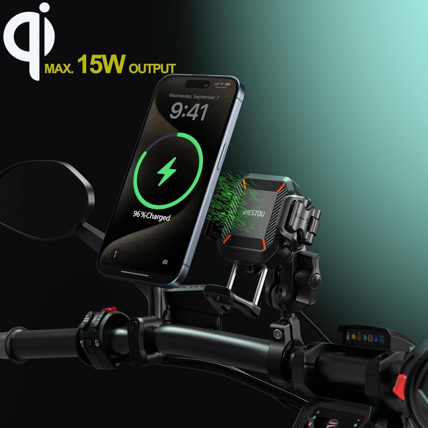 Motorcycle Wireless USB C Phone Mount Anti-Vibration, Anti-Theft 1" Ball Qi Phone Mount Suitable for 5.2"-7.2" up to 15Mm Thick Phones, Fits for 22-32Mm Handlebars, Works with 12-24V Vehicles
