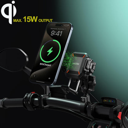 Motorcycle Wireless USB C Phone Mount Anti-Vibration, Anti-Theft 1" Ball Qi Phone Mount Suitable for 5.2"-7.2" up to 15Mm Thick Phones, Fits for 22-32Mm Handlebars, Works with 12-24V Vehicles