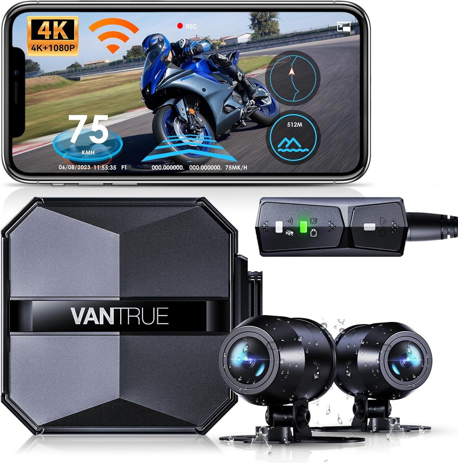 F1 Motorcycle 4K Dash Cam Front and Rear, 4K + 1080P Motorcycle Camera, Full Body IP67 Waterproof, GPS Wi-Fi, 160° Wide Angle, Wired Remote, Night Vision, G-Sensor, Parking Mode, Support 512GB