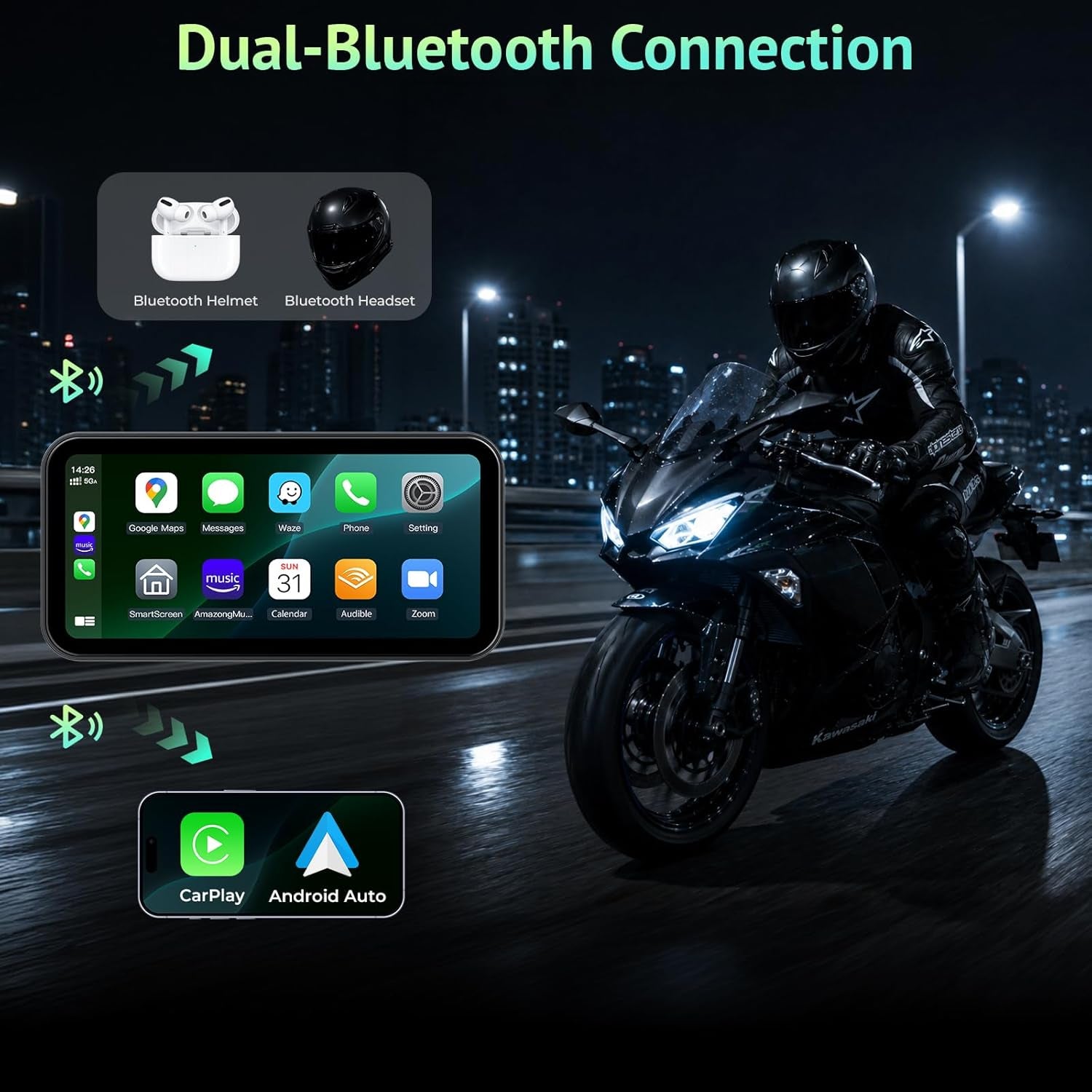 6.25 Inch Motorcycle Carplay & Android Auto Display with Two TPMS– IP67 Waterproof Portable Touchscreen with Dual Bluetooth, TF Card, GPS Navigation, Universal Mount