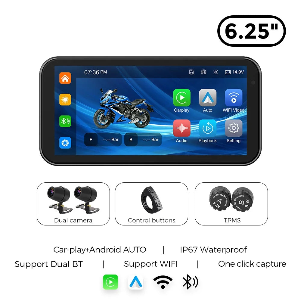 Portable 6.25 Inch IP67 Waterproof Motorcycle GPS Navigation Support Wireless Carplay Android Auto DVR Drive Recorder Moto TPMS