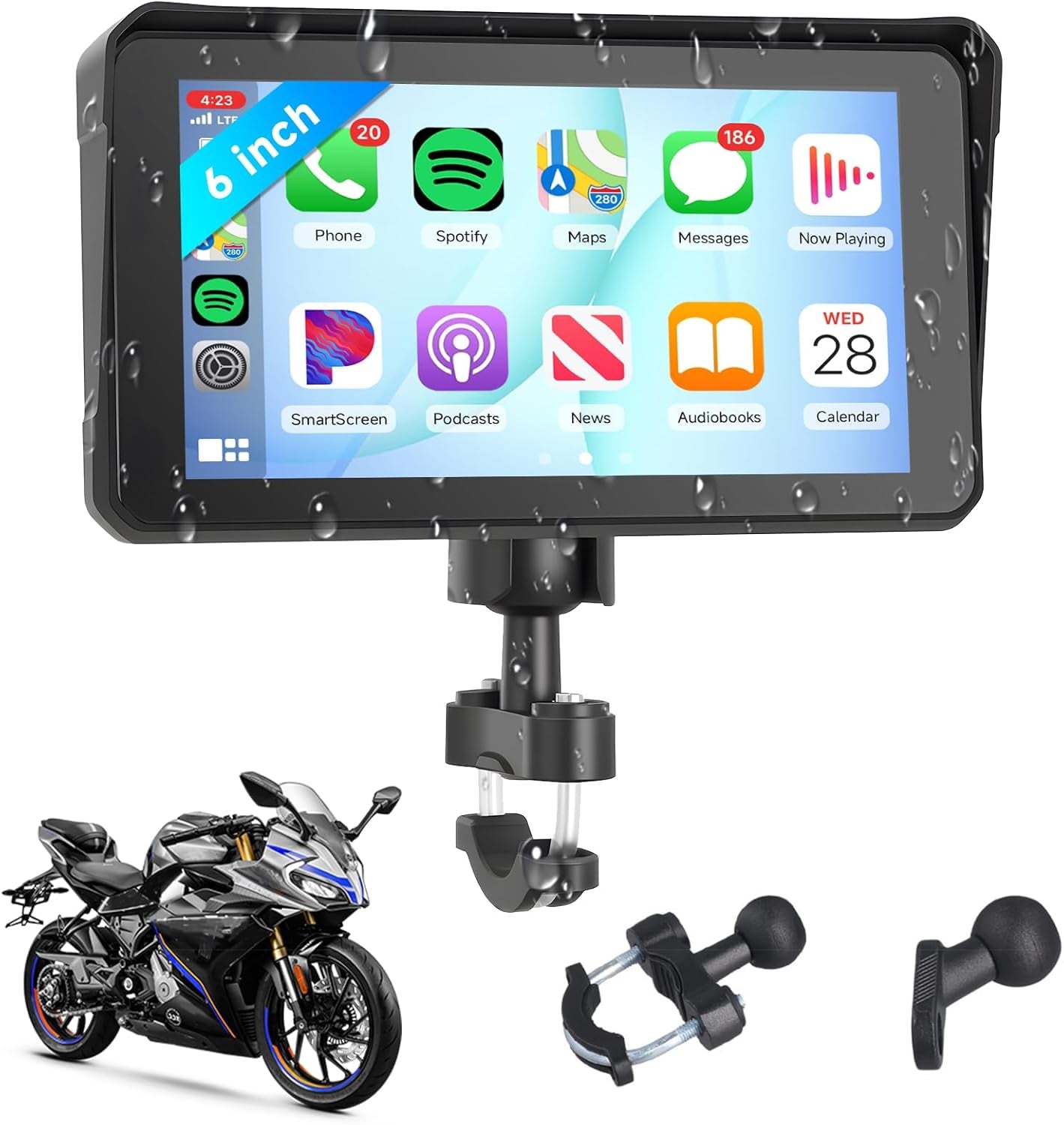 6" Motorcycle Wirelsss Carplay Screen, Portable Touchscreen Motorcycle GPS Navigation System Car Play Moto Android Auto, Dual Bluetooth, IP68 Waterproof Moto Screen, Goo-Gle Assistant, Si-Ri