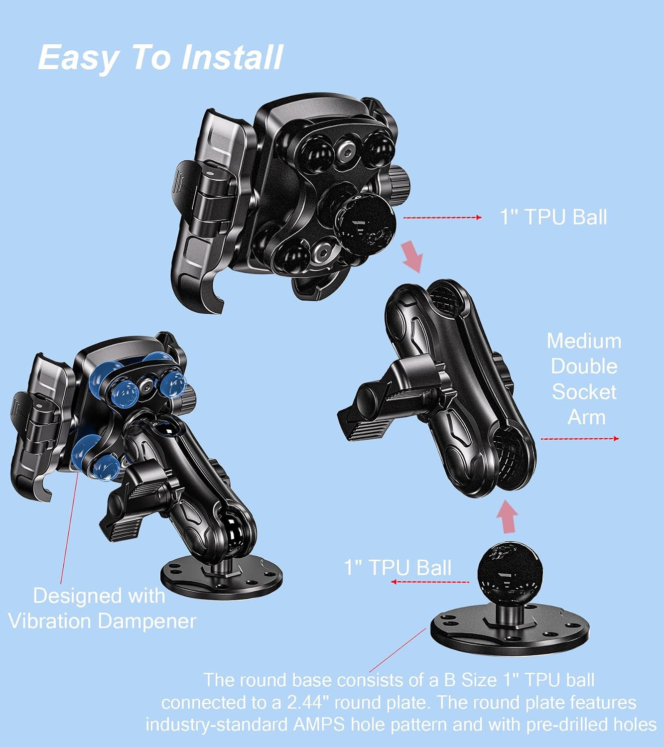 anti Vibration Phone Mount Holder, 1S Lock & Release | Camera Friendly Phone Holder with Shock Dampener, Aluminum AMPS round Base for Car UTV Truck Boat, Fits 5.4"-7.2" Phones