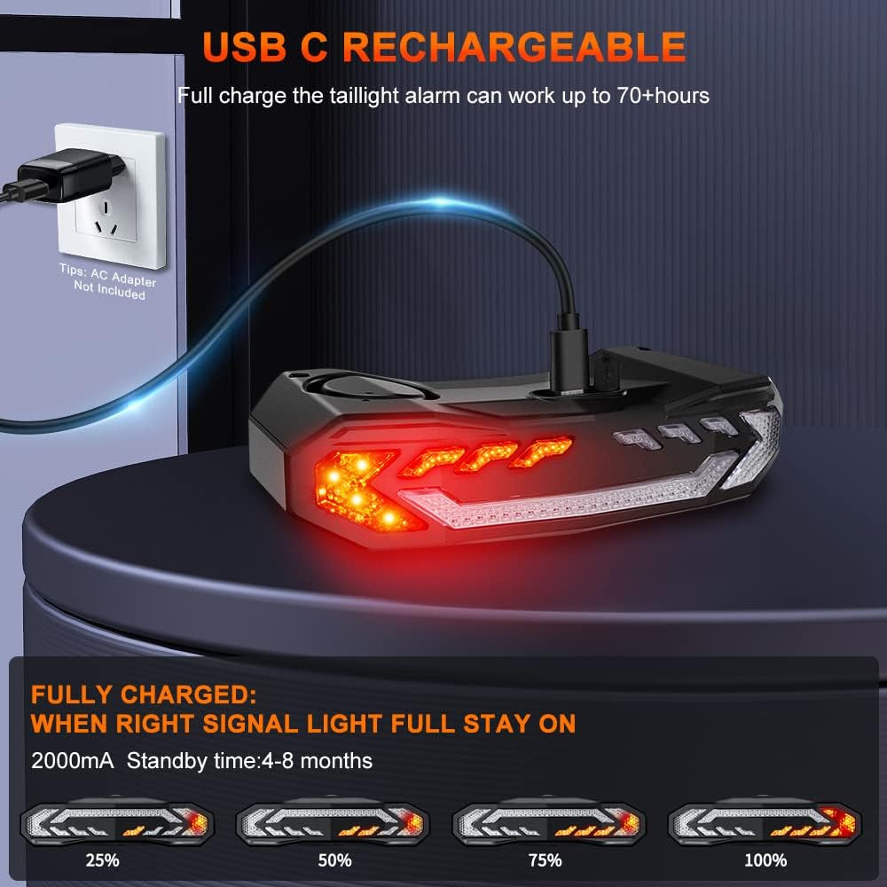 2 Pack Smart Bike Tail Light with Turn Signals, Bike Alarm with Wireless Control Remote, USB Rechargeable Rear Bike Light, IP65 Waterproof Auto On/Off Bicycle Lights for Night Riding