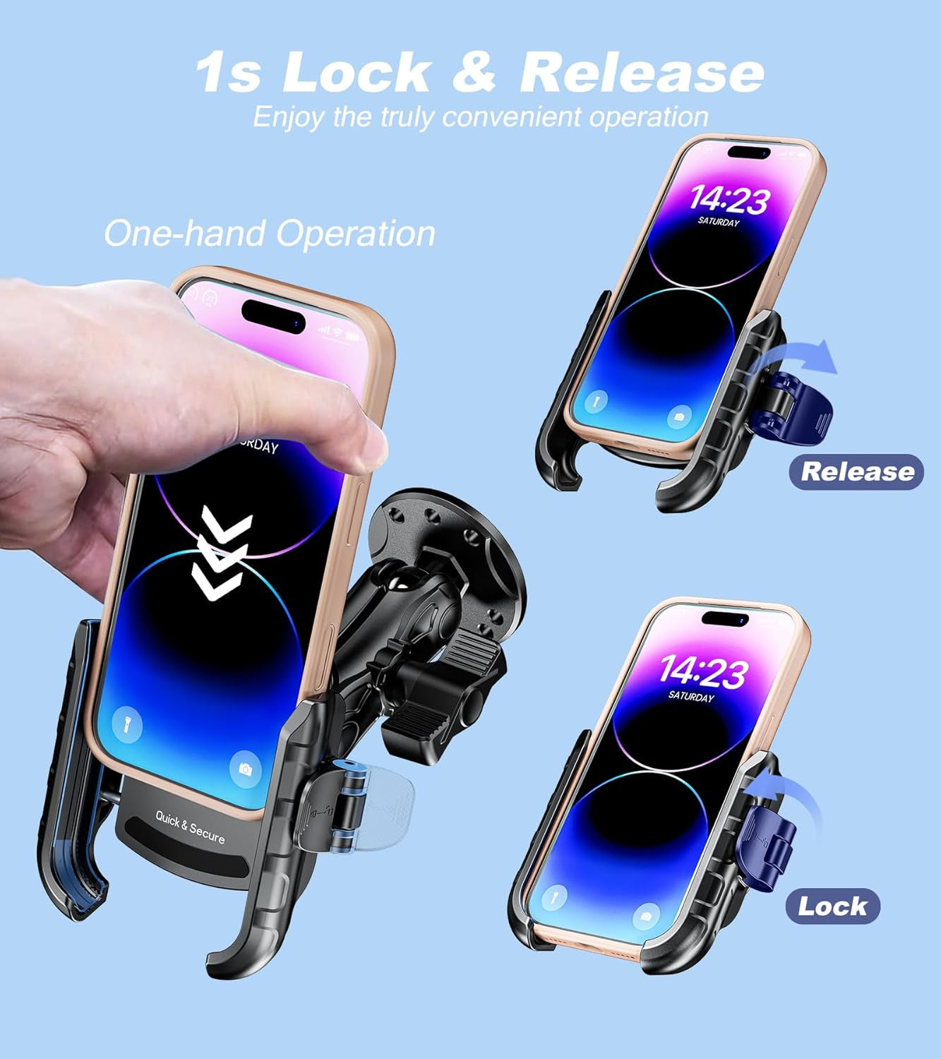 anti Vibration Phone Mount Holder, 1S Lock & Release | Camera Friendly Phone Holder with Shock Dampener, Aluminum AMPS round Base for Car UTV Truck Boat, Fits 5.4"-7.2" Phones