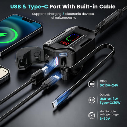 Motorcycle Phone Charger, 3 in 1 Motorcycle USB Charger Fast Charging Port with USB-C & USB-A,12–24V Waterproof LED Voltmeter, Motorcycle Accessories Adapter for GPS Motorbike ATV