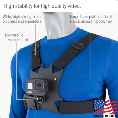 High Stability Chest Mount with J Hook for Action Cameras - Fits Gopro, DJI Osmo (Action 5 Pro, 4, 3, 2), Insta360 (Ace Pro, Ace, ONE RS, ONE R), and Others