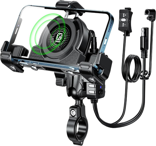 Motorcycle Phone Mount with Qi 15W Wireless Charger & USB C 36W Fast Charging Port, No Block Camera, Anti-Theft Phone Holder Handblebar with Vibration Dampener Fit for 5.4-7.2" Phones