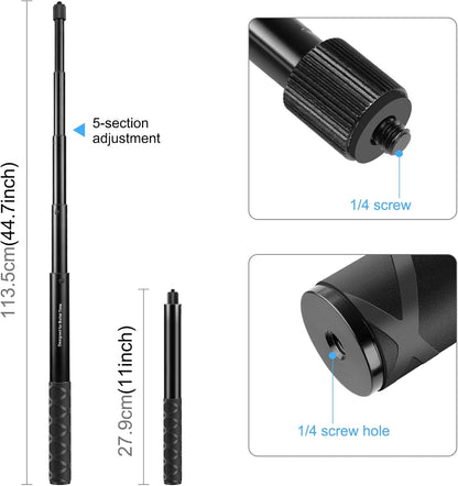 Third Person Perspective Motorcycle Bike Handlebar Mount Selfie Stick Pole for Gopro, Insta360 X4 X3, Action Camera Clamp Monopod Stand 11-44.7 Inch