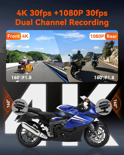 F1 Motorcycle 4K Dash Cam Front and Rear, 4K + 1080P Motorcycle Camera, Full Body IP67 Waterproof, GPS Wi-Fi, 160° Wide Angle, Wired Remote, Night Vision, G-Sensor, Parking Mode, Support 512GB